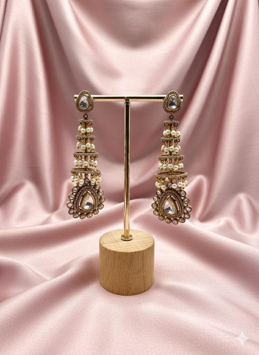 Jhumki Earrings | Traditional Indian Jewelry | Pearl & Kundan statement high end antique gold plated