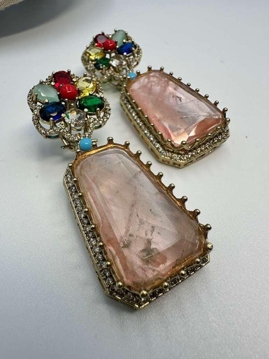 Bollywood Citrine Statement Earrings – Multicolor Gemstone Flower, Ethnic Jewelry