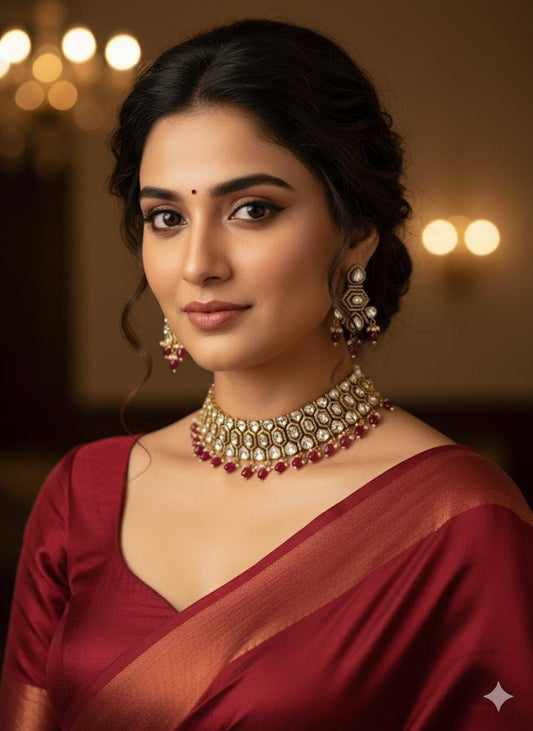 Mozonite Choker Necklace Set | Bridal Gold Plated Jewelry | Red Beaded Traditional Indian Set