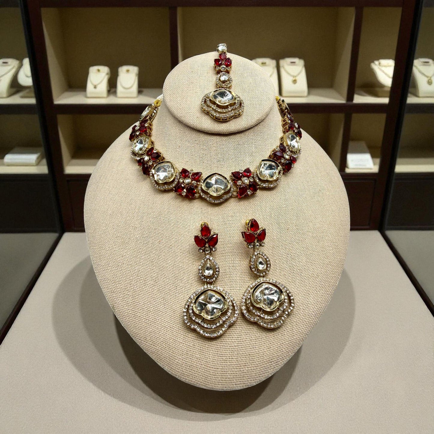 Kundan Bridal Jewelry Set | Red Stone Necklace with Earrings & Maang Tikka | Indian Wedding Jewelry