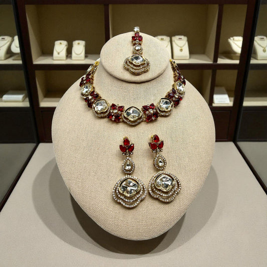 Kundan Bridal Jewelry Set | Red Stone Necklace with Earrings & Maang Tikka | Indian Wedding Jewelry