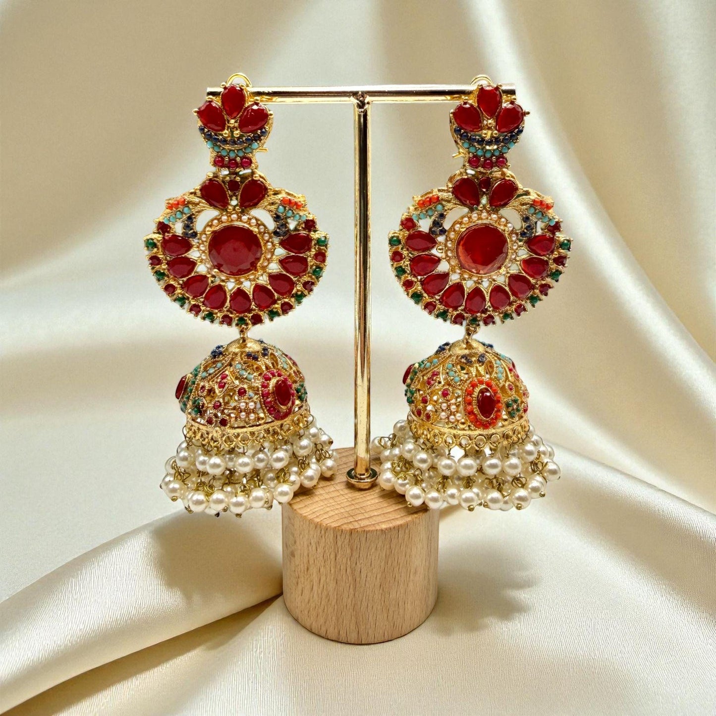 Red Jadao Jhumka Earrings | Gold Plated Pearl Dangle Earrings | Bridal Indian Traditional Jewelry