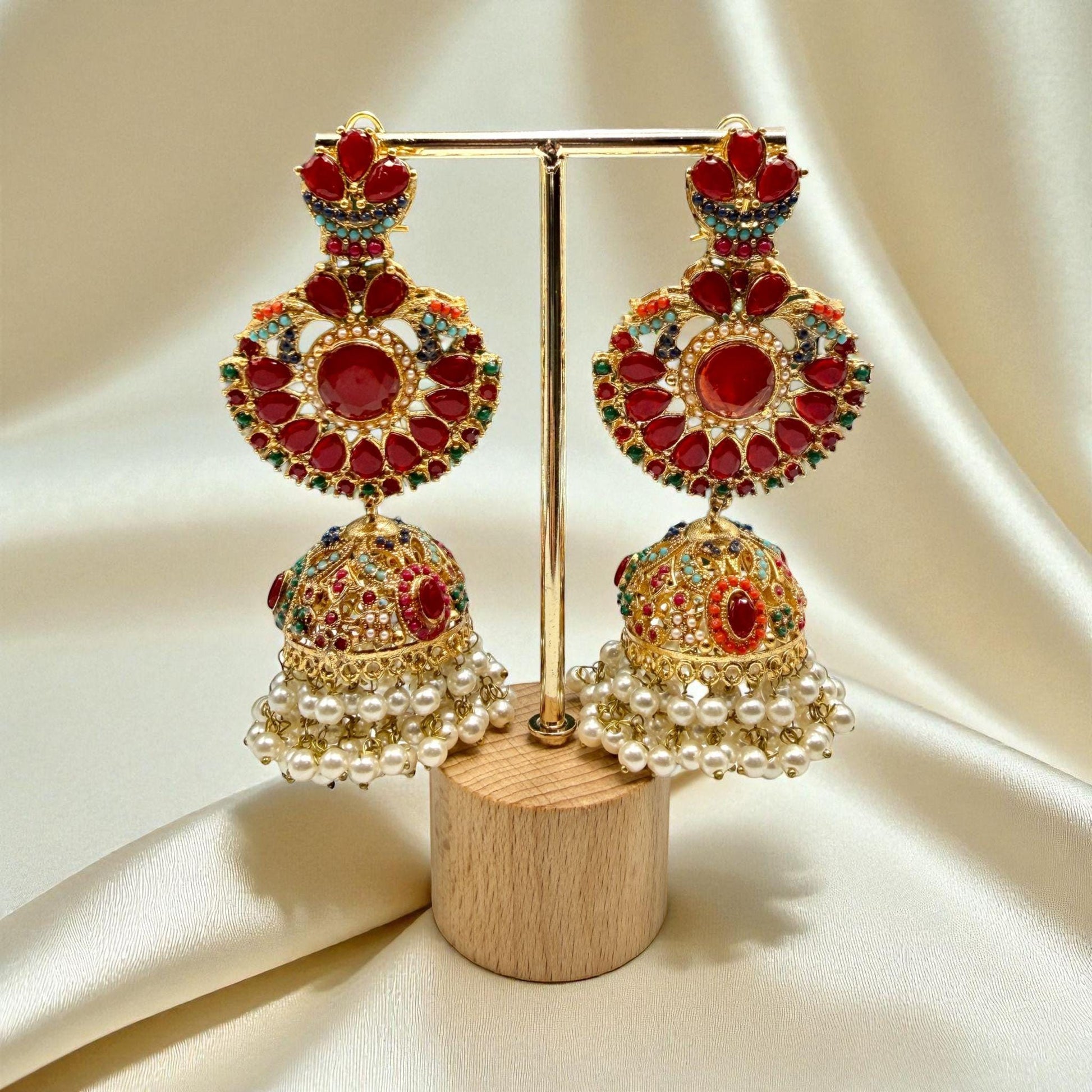 Red Jadao Jhumka Earrings | Gold Plated Pearl Dangle Earrings | Bridal Indian Traditional Jewelry