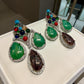 Multicolor Gemstone Drop Earrings | Green Stone Dangle Earrings | Statement Silver Plated Jewelry