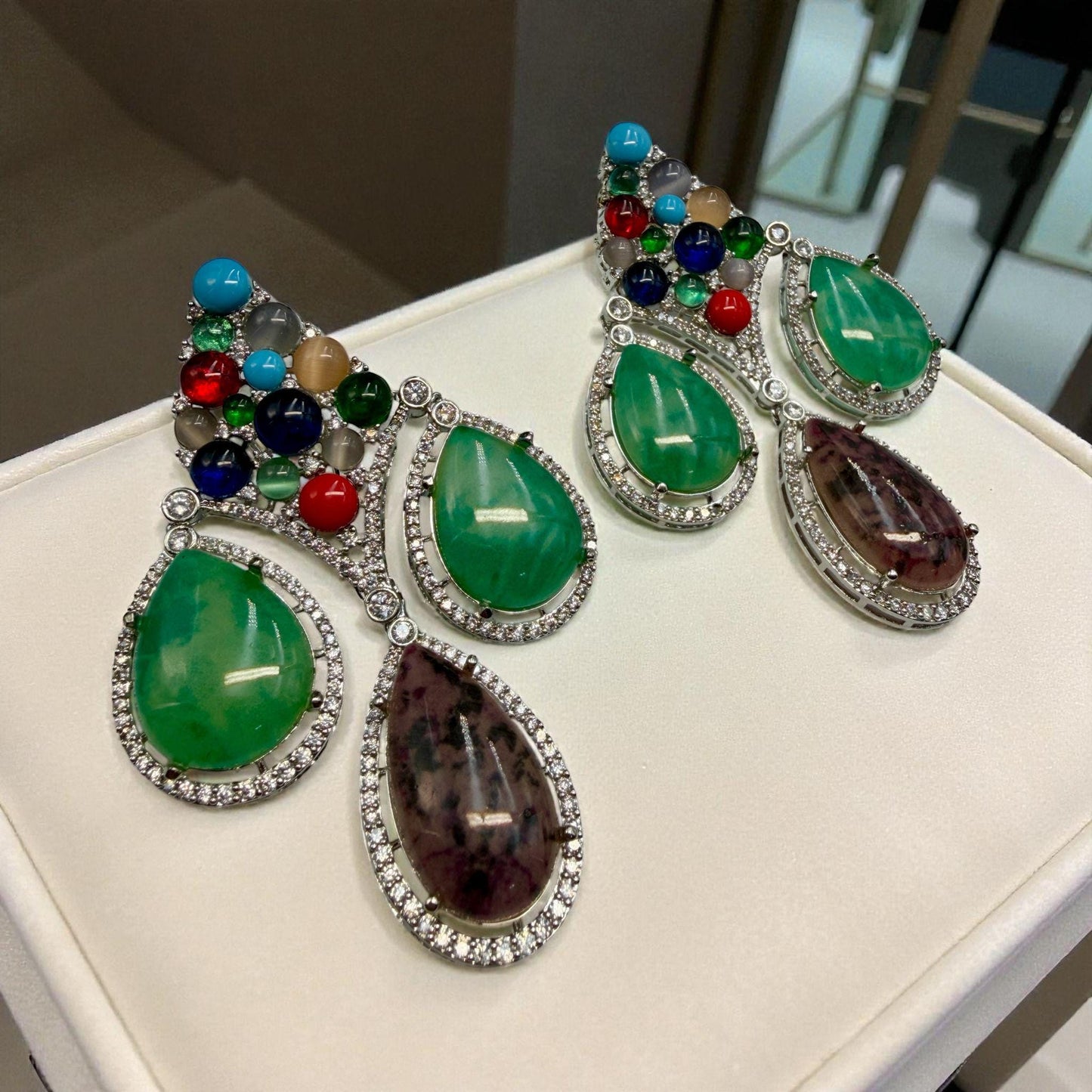 Multicolor Gemstone Drop Earrings | Green Stone Dangle Earrings | Statement Silver Plated Jewelry