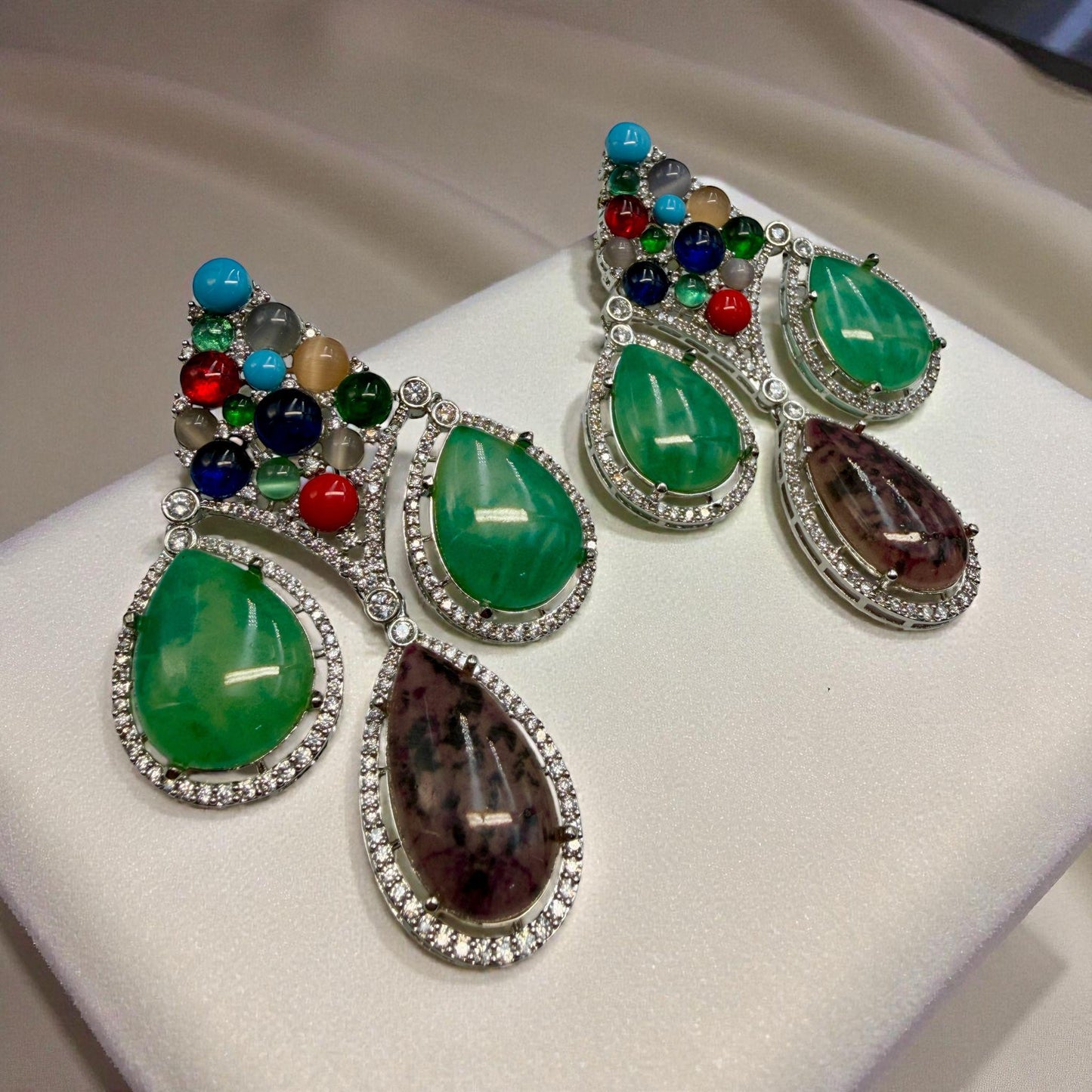 Multicolor Gemstone Drop Earrings | Green Stone Dangle Earrings | Statement Silver Plated Jewelry