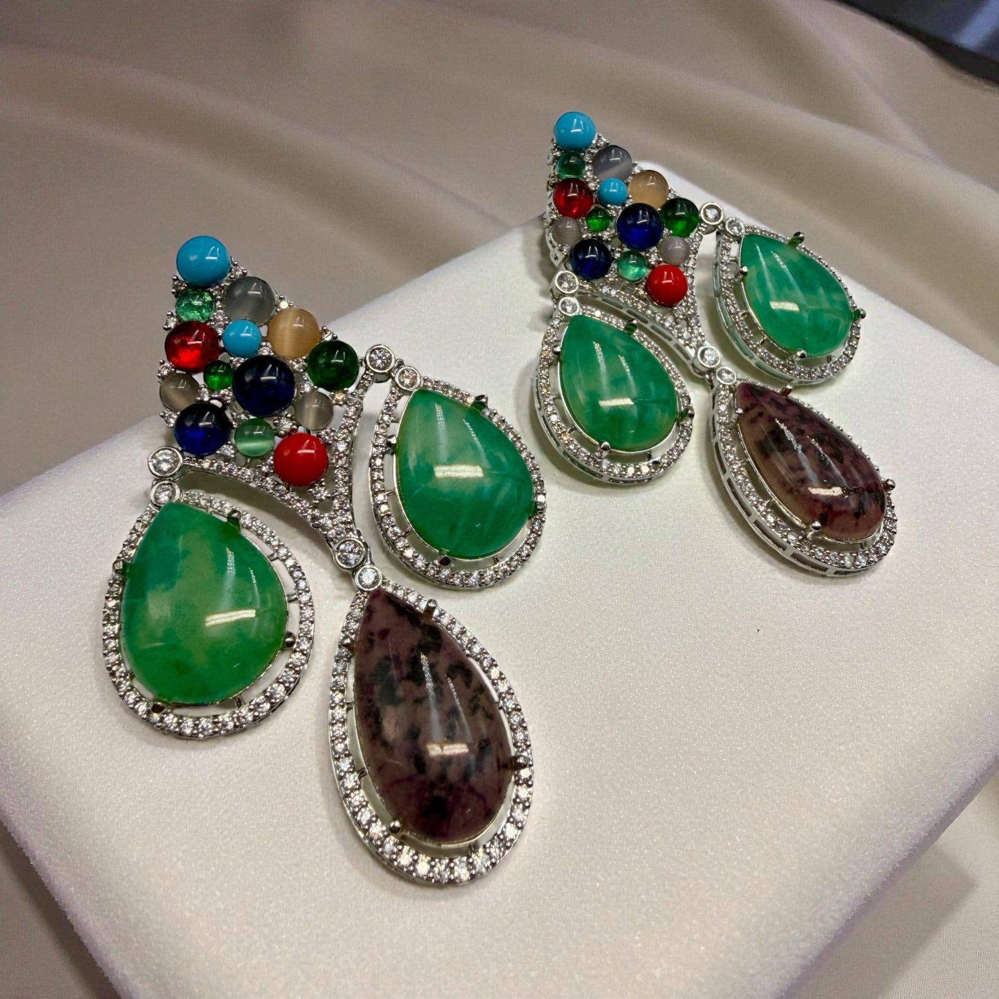 Multicolor Gemstone Drop Earrings | Green Stone Dangle Earrings | Statement Silver Plated Jewelry