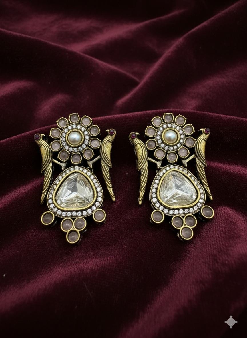 Vintage-Inspired Kundan Earrings with Peacock Motif | Handcrafted Indian Jewelry