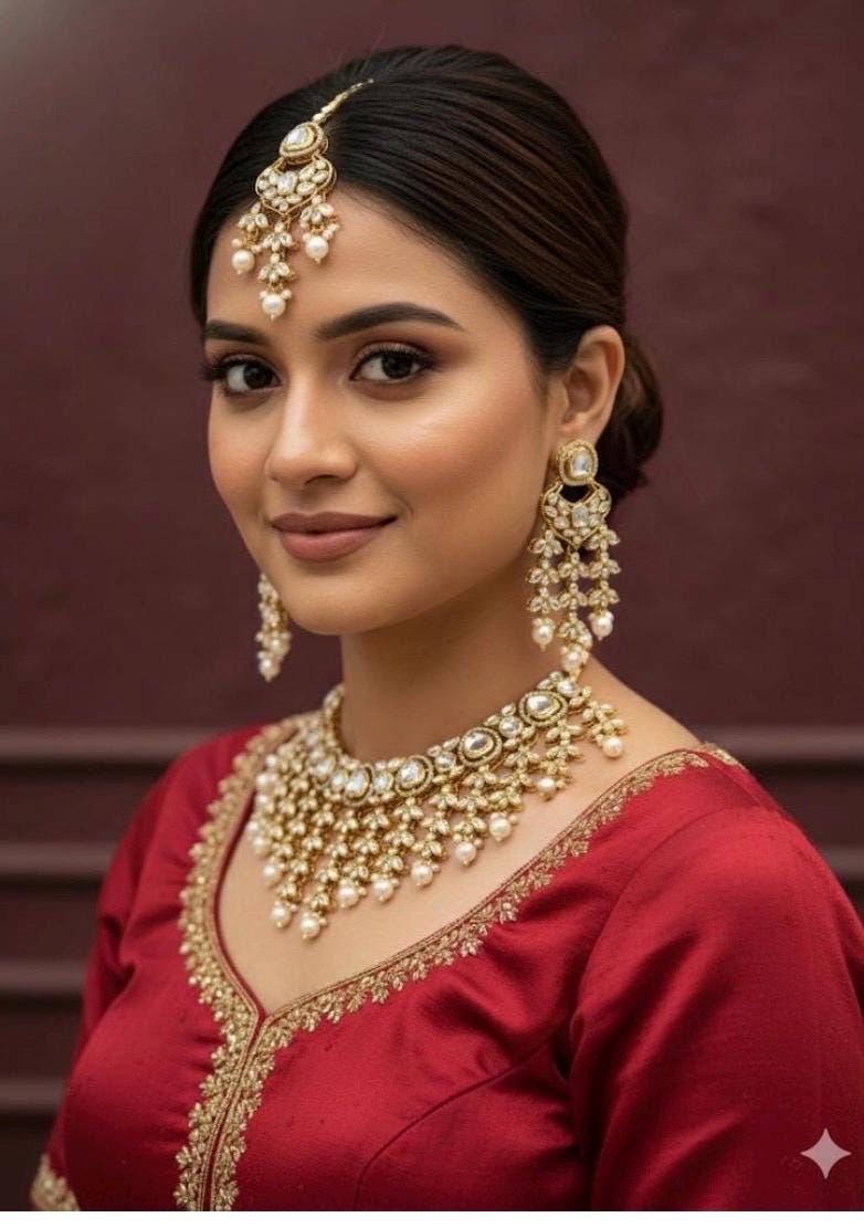 Kundan Necklace Set with Pearls | Indian Wedding Jewelry | Gold plated Choker with Earrings & Maang Tikka | Traditional Polki Jewelry