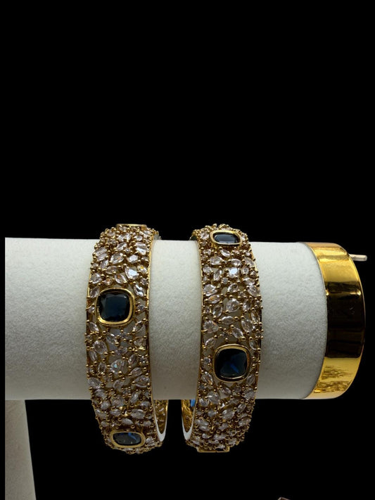 Gold-Plated CZ Bangles | Antique Sapphire Blue Stone Kada Set
