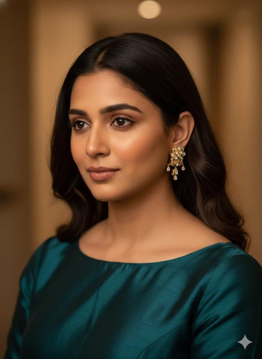 Bollywood Indian Designer monzonite medium length statement earrings gold finish,Victorian,Ad stones