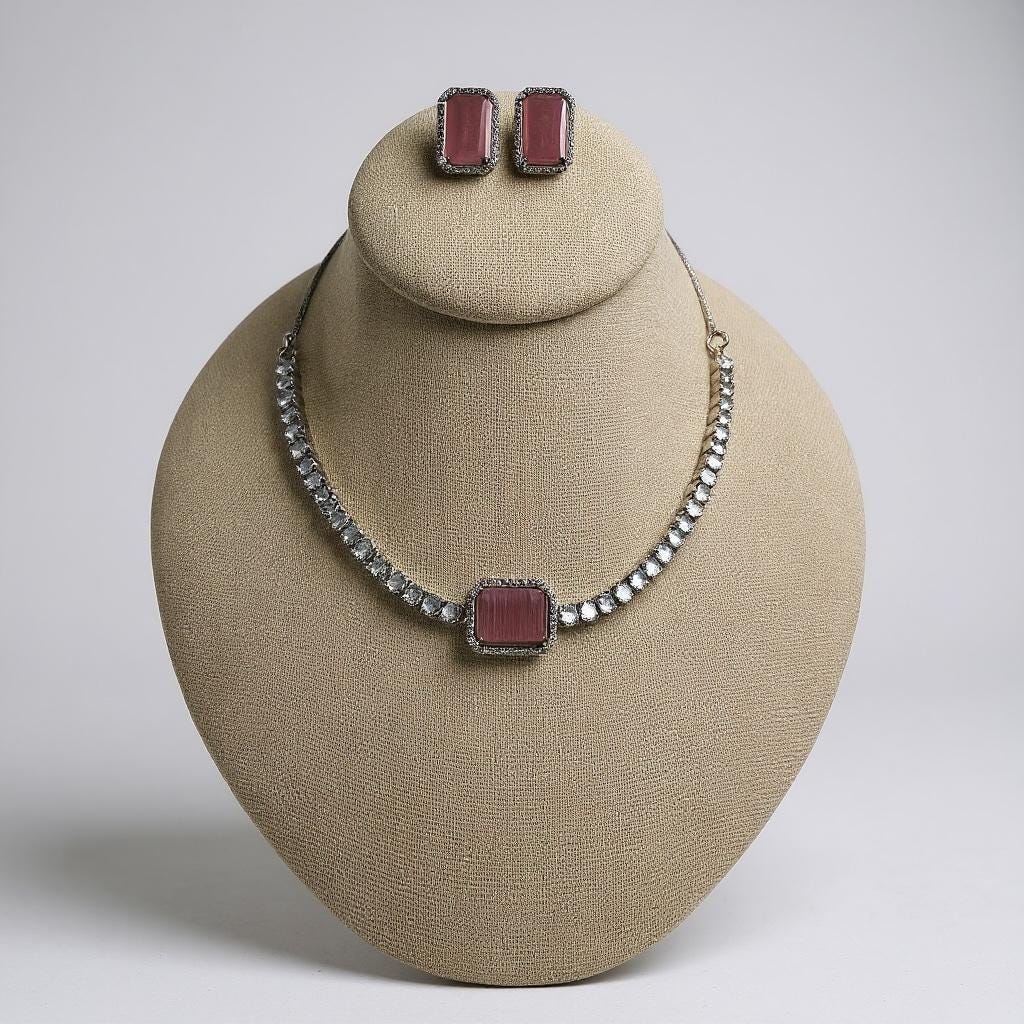 Mauve Stone Necklace Set | Minimalist Kundan Necklace | Elegant Handmade Bridal Jewelry