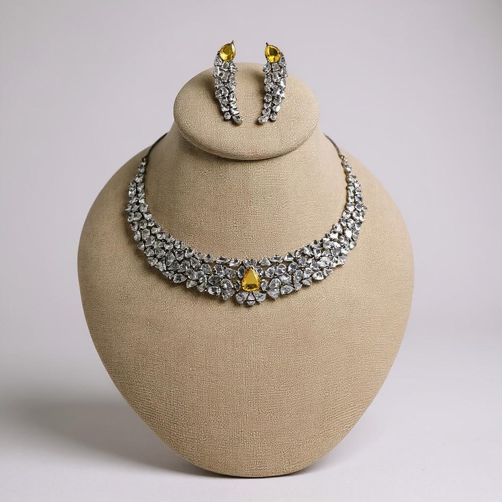 Cz Stone Necklace Set | Yellow Gem Bridal Jewelry | Elegant Handmade Choker & Earrings