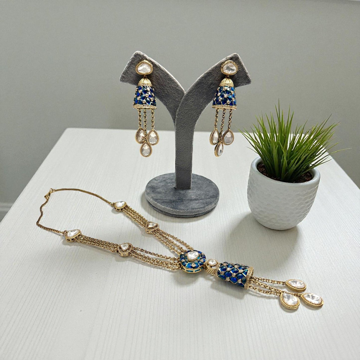 Royal Blue Kundan Necklace Set | Enamel Long Chain Jewelry | Handmade Indian designer Set monzonite