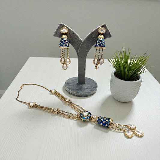 Royal Blue Kundan Necklace Set | Enamel Long Chain Jewelry | Handmade Indian designer Set monzonite