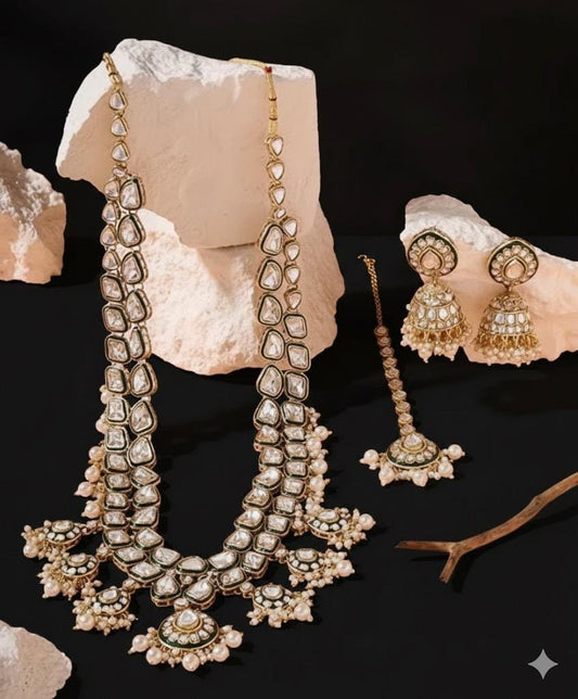 Bollywood Ethnic polki kundun set with emerald green enamel and stones