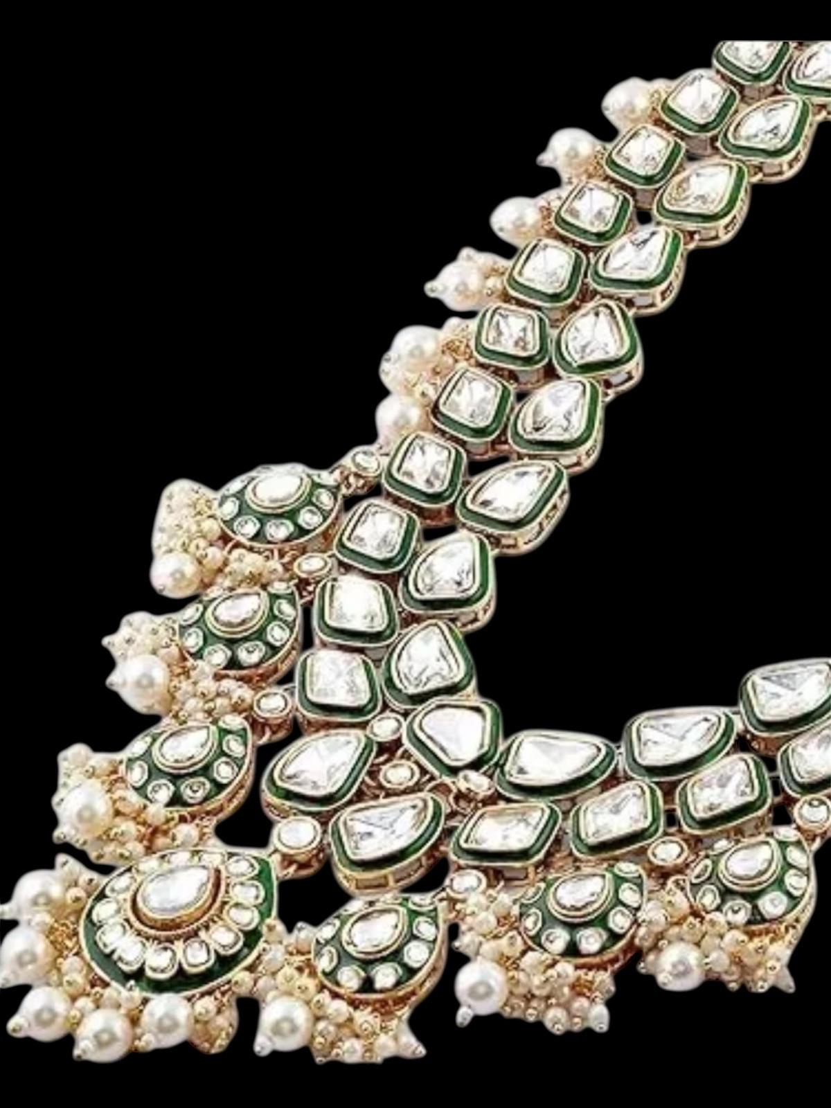Bollywood Ethnic polki kundun set with emerald green enamel and stones