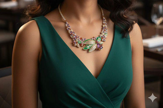 Floral Statement Necklace Set | Multicolor Cz stones enameled designer Jewelry | Handmade Bridal Choker & Earrings