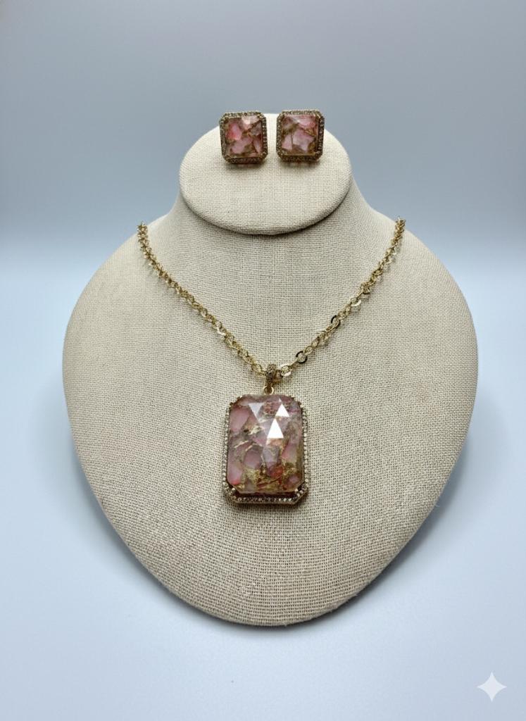 Pink Crystal Necklace Set | Handmade Gold Pendant Jewelry | Elegant Gemstone Earrings Set