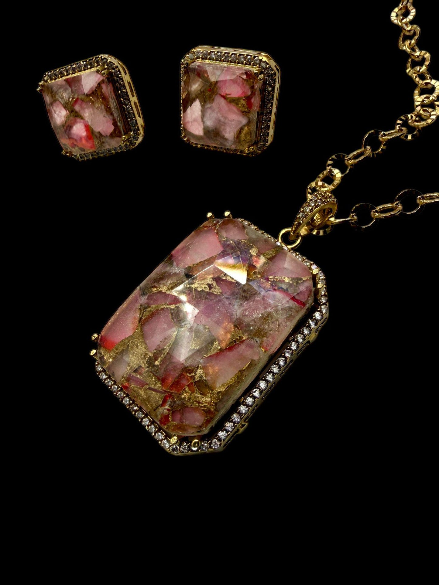 Pink Crystal Necklace Set | Handmade Gold Pendant Jewelry | Elegant Gemstone Earrings Set