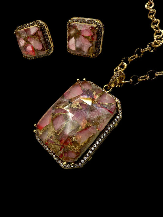 Pink Crystal Necklace Set | Handmade Gold Pendant Jewelry | Elegant Gemstone Earrings Set