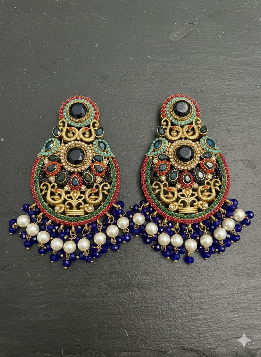 Kundan Pearl Dangler Earrings | Royal Blue & Gold Bridal Jewelry