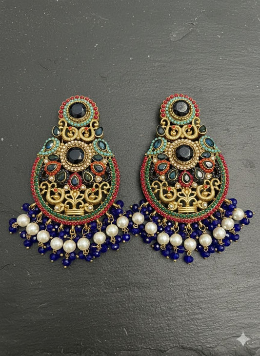 Kundan Pearl Dangler Earrings | Royal Blue & Gold Bridal Jewelry