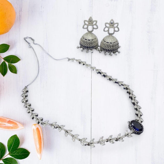 Silver CZ Necklace and Jhumka Set | Luxury Bridal Jewelry Set | Sparkling Leaf Design Necklace with Statement Earrings | Wedding Jewelry