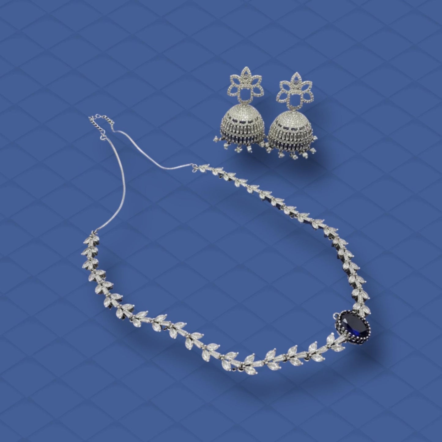 Silver CZ Necklace and Jhumka Set | Luxury Bridal Jewelry Set | Sparkling Leaf Design Necklace with Statement Earrings | Wedding Jewelry