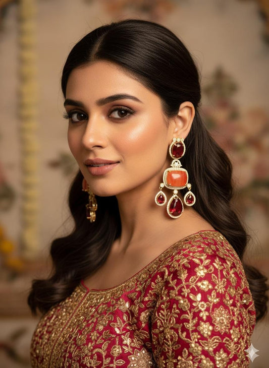 Ruby Statement Earrings | Gold Plated CZ Dangler Jewelry | Bridal & Partywear Drop Earrings | Luxury Designer Wedding Jewelry