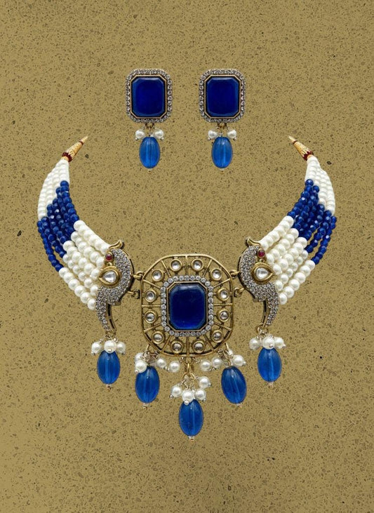 Royal Blue Pearl Beaded Necklace Set | Handmade Bridal Jewelry | Gold Plated Statement Necklace with Earrings