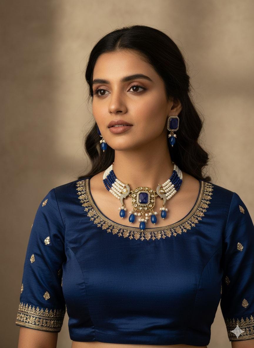 Royal Blue Pearl Beaded Necklace Set | Handmade Bridal Jewelry | Gold Plated Statement Necklace with Earrings