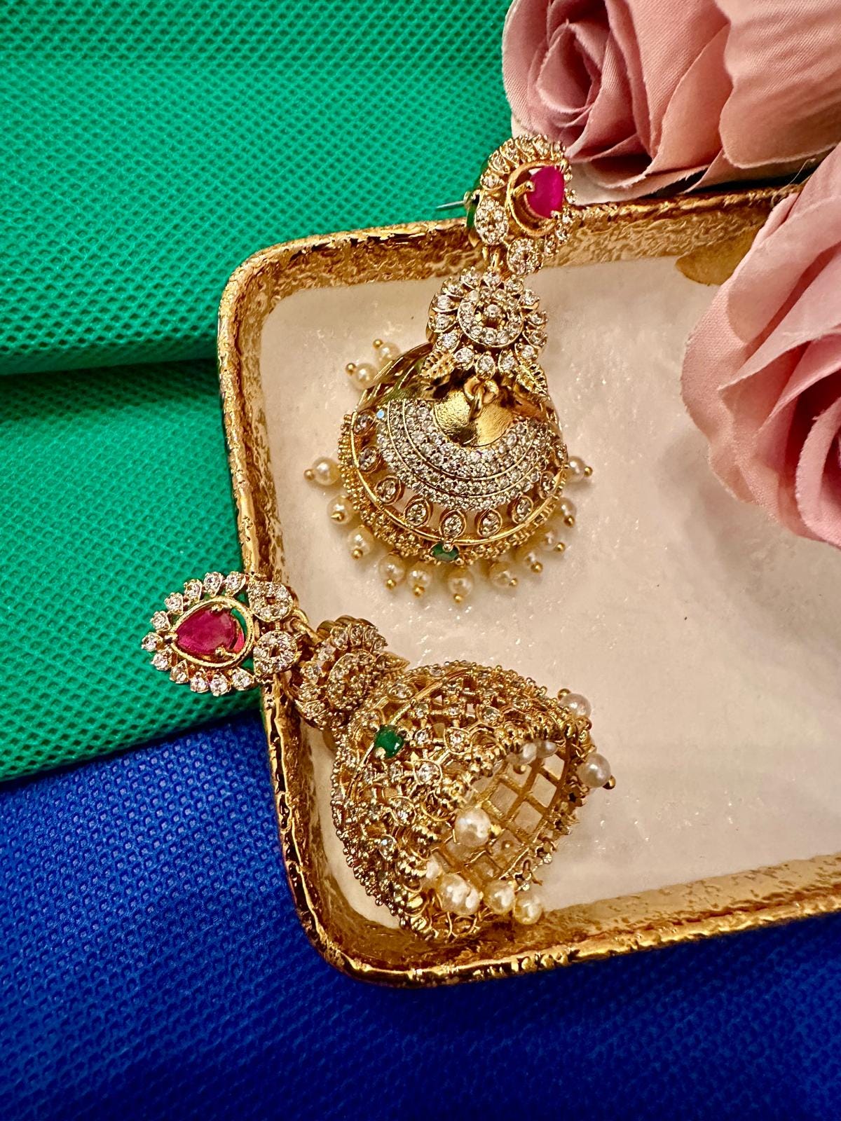 Gold-Tone Jhumka Earrings: Bollywood Style with Rubies & Pearls