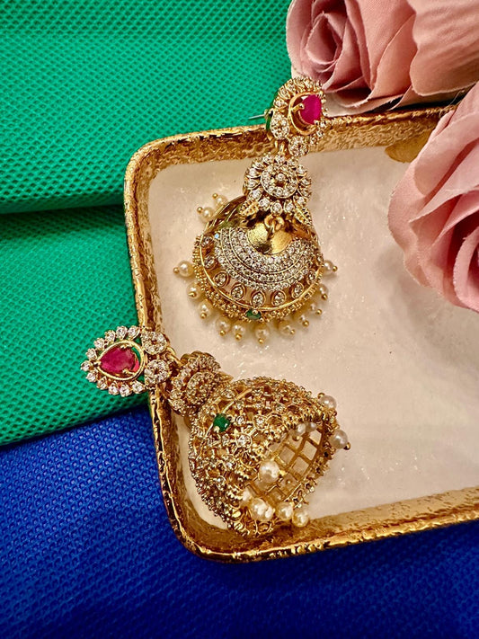 Gold-Tone Jhumka Earrings: Bollywood Style with Rubies & Pearls