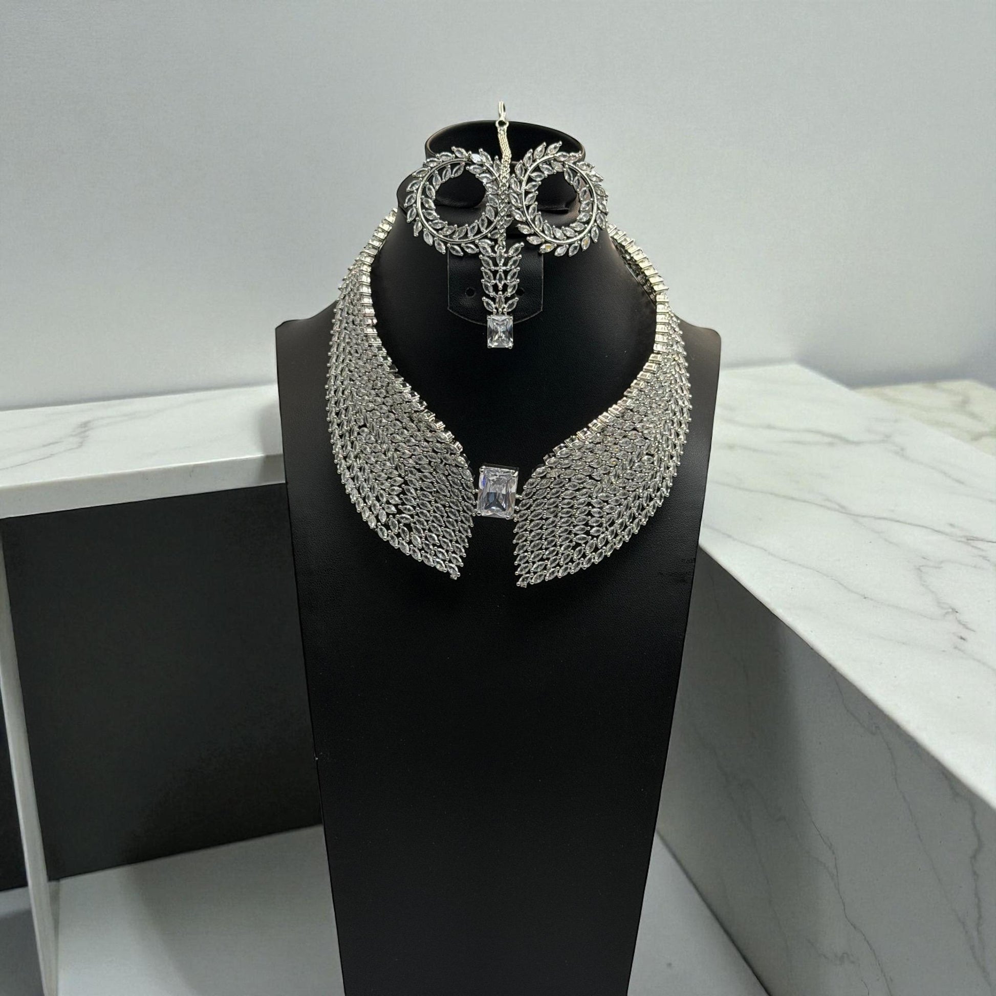 Cubic Zirconia Choker Necklace Set, Silver Plated Bridal Jewelry