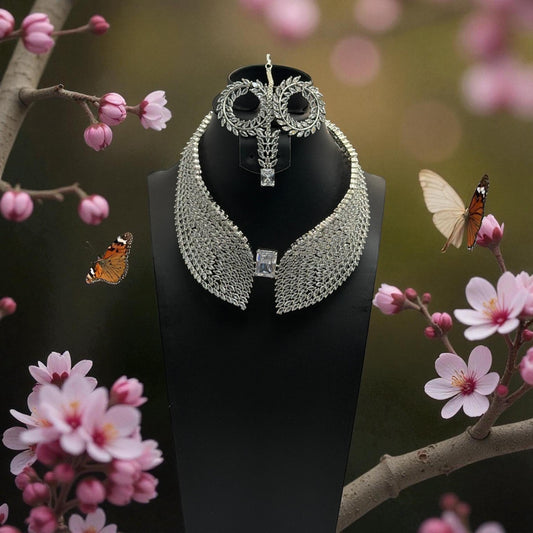 Cubic Zirconia Choker Necklace Set, Silver Plated Bridal Jewelry