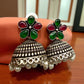 Oxidized Silver Jhumka Earrings | Green & Maroon Floral Stud Jhumkas | Traditional Boho Ethnic Earrings | Handmade Indian Jewelry
