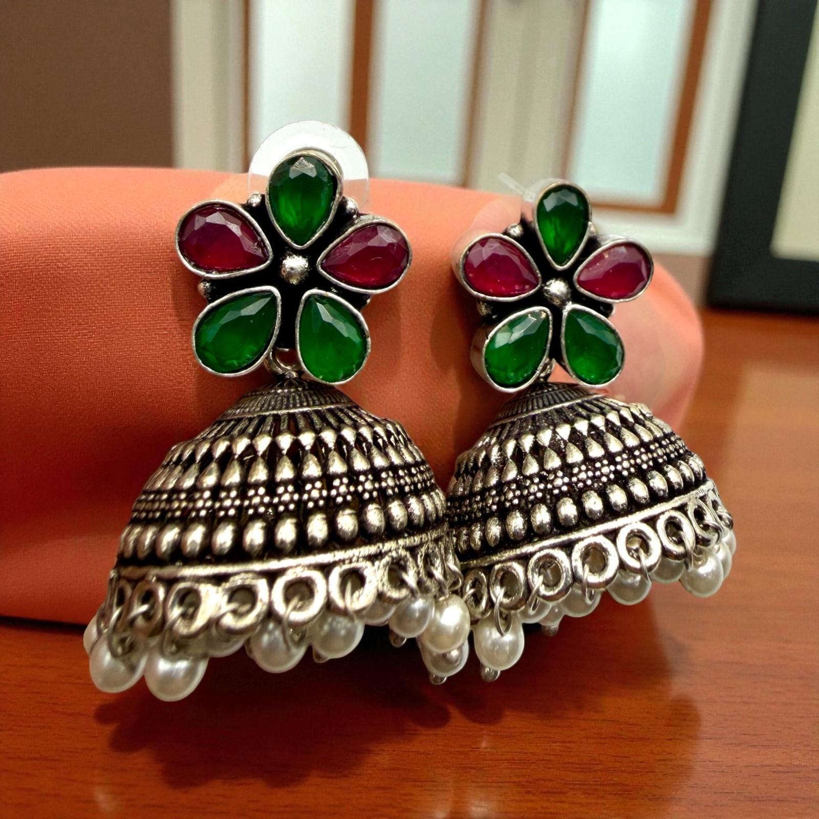 Oxidized Silver Jhumka Earrings | Green & Maroon Floral Stud Jhumkas | Traditional Boho Ethnic Earrings | Handmade Indian Jewelry