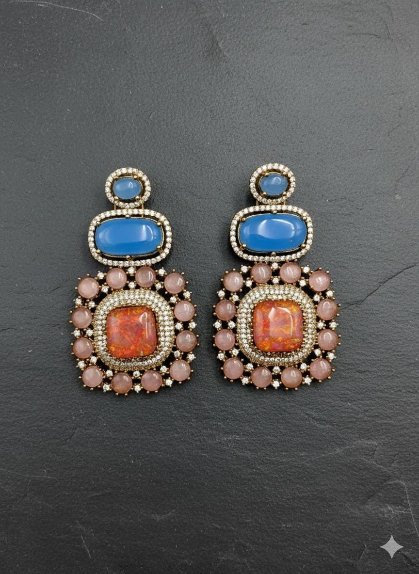 Statement Earrings | Blue Chalcedony & Peach Stone Designer Earrings | Luxury Handmade Bridal Jewelry | Gift for Her
