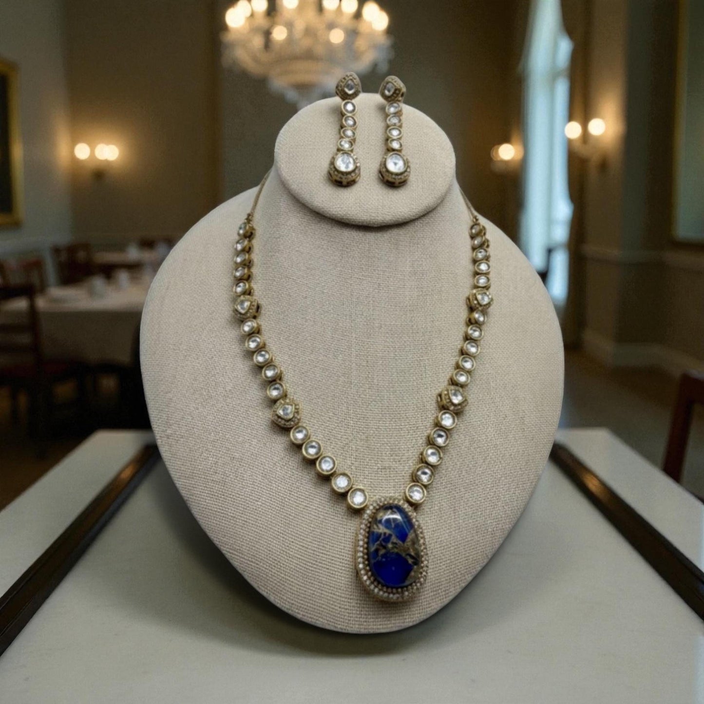 Blue Kundan Necklace Set | Handmade Bridal Jewelry | Royal Gold & Crystal Necklace with Earrings