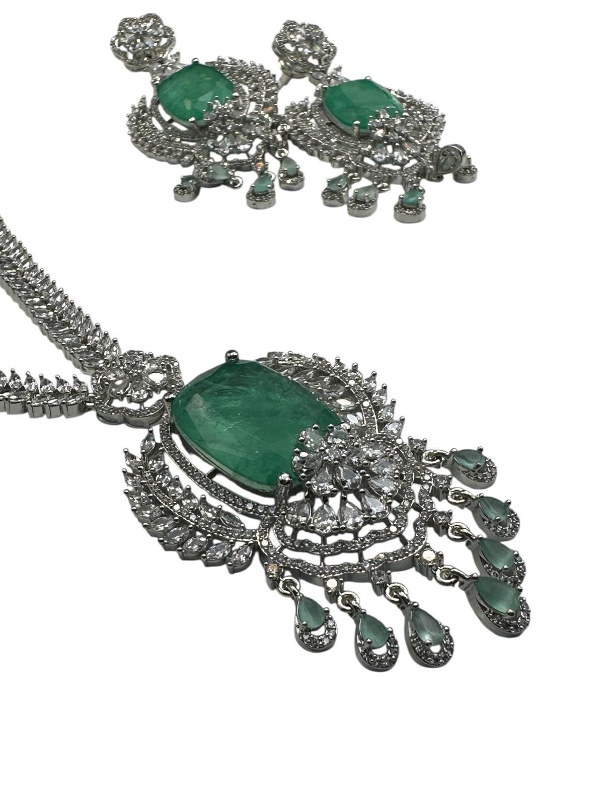 Luxury Emerald Green Necklace Set | rhodium Plated Bridal Jewelry with Earrings | High-End Designer Statement Set | Wedding & Party Jewelry