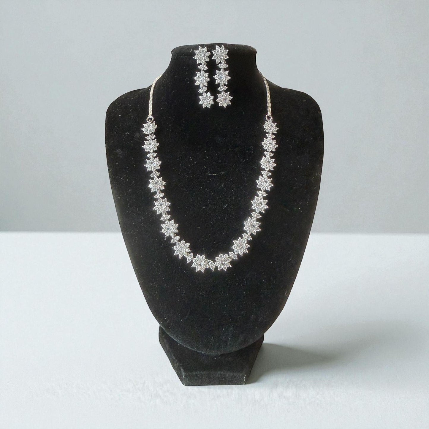 Floral Cz Necklace Set | Silver-Plated Bridal Jewelry with Earrings | Diamond Look Wedding Necklace | Luxury Statement Gift for Her