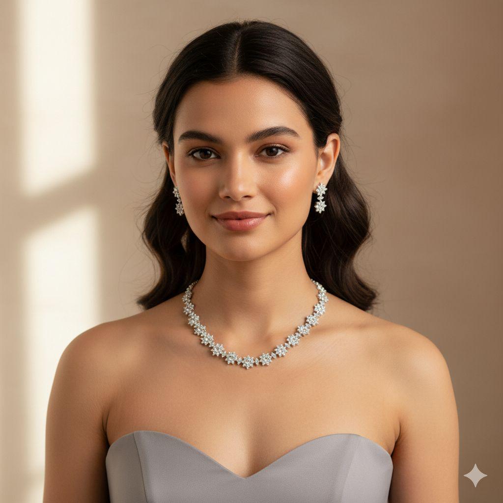 Floral Cz Necklace Set | Silver-Plated Bridal Jewelry with Earrings | Diamond Look Wedding Necklace | Luxury Statement Gift for Her