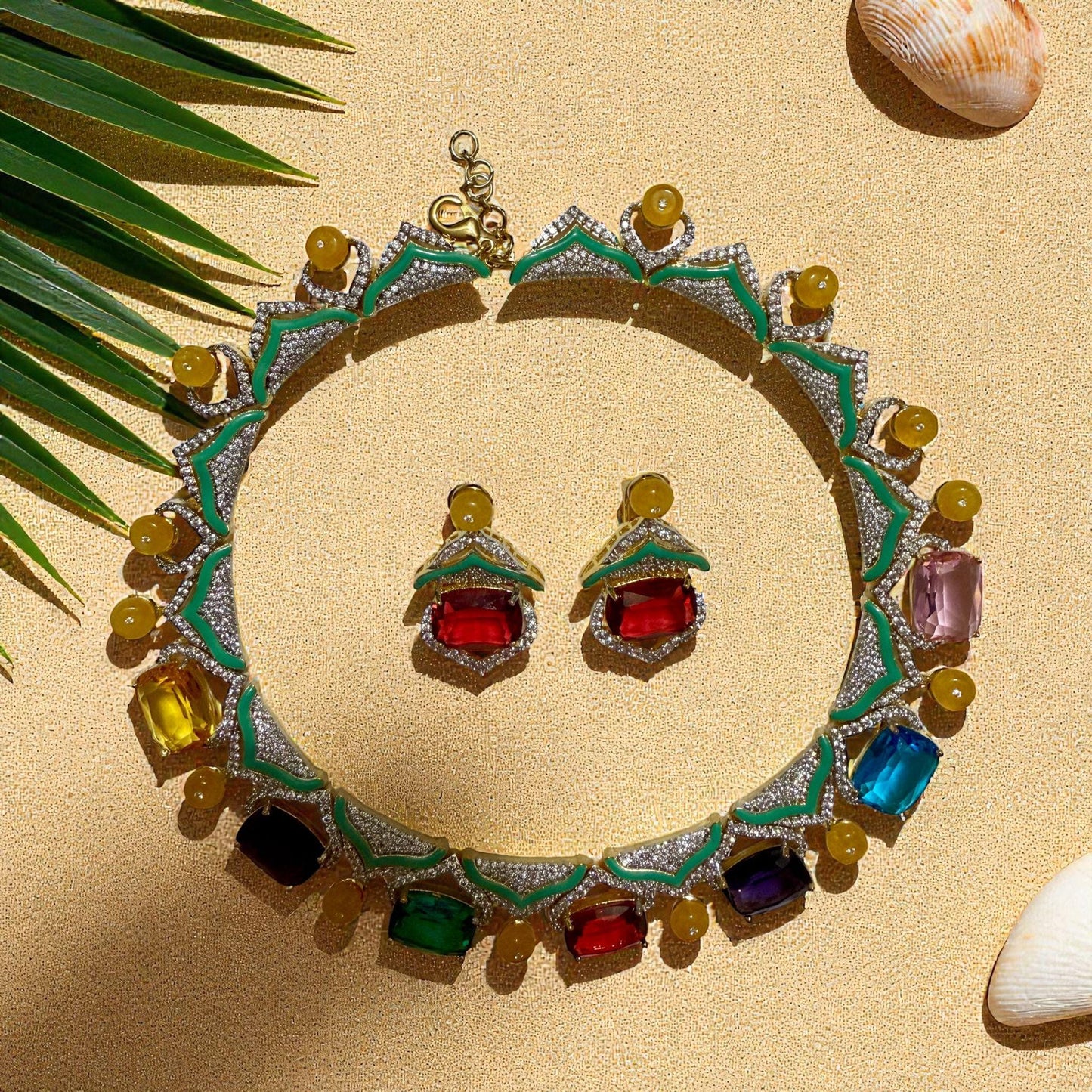 Multicolor Gemstone Necklace Set designer high end Jewelry | Luxury Enamel Necklace & Earrings for Women