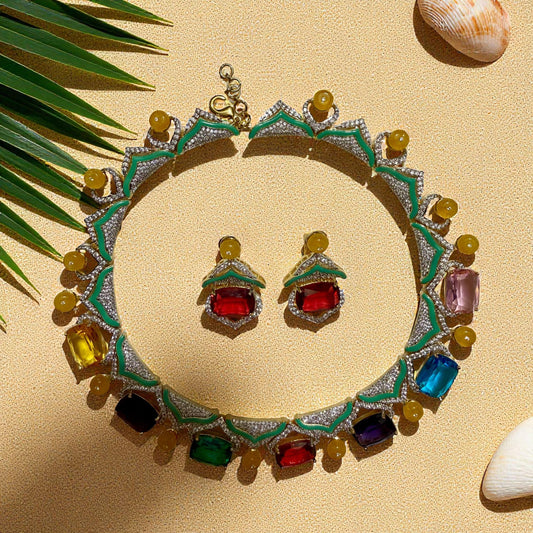 Multicolor Gemstone Necklace Set designer high end Jewelry | Luxury Enamel Necklace & Earrings for Women