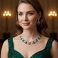 Emerald Green ad Cz Necklace earrings Set | Silver rhodium finish Bridal Jewelry with Earrings | Leaf Design Statement | Wedding,Gift.