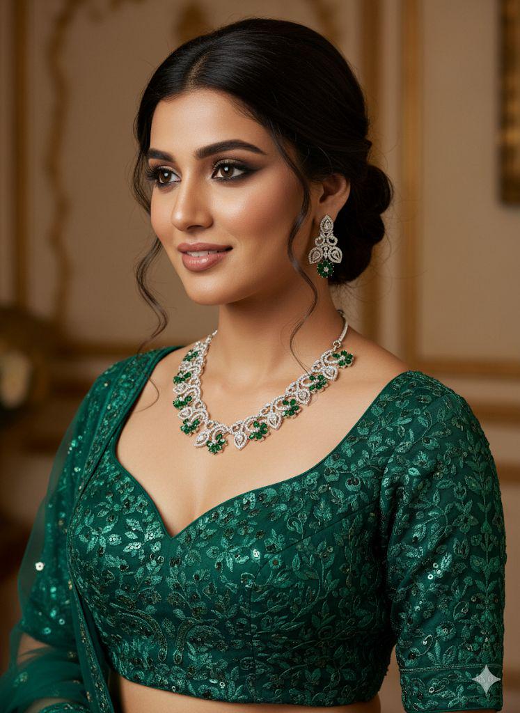 Emerald Green ad Cz Necklace earrings Set | Silver rhodium finish Bridal Jewelry with Earrings | Leaf Design Statement | Wedding,Gift.