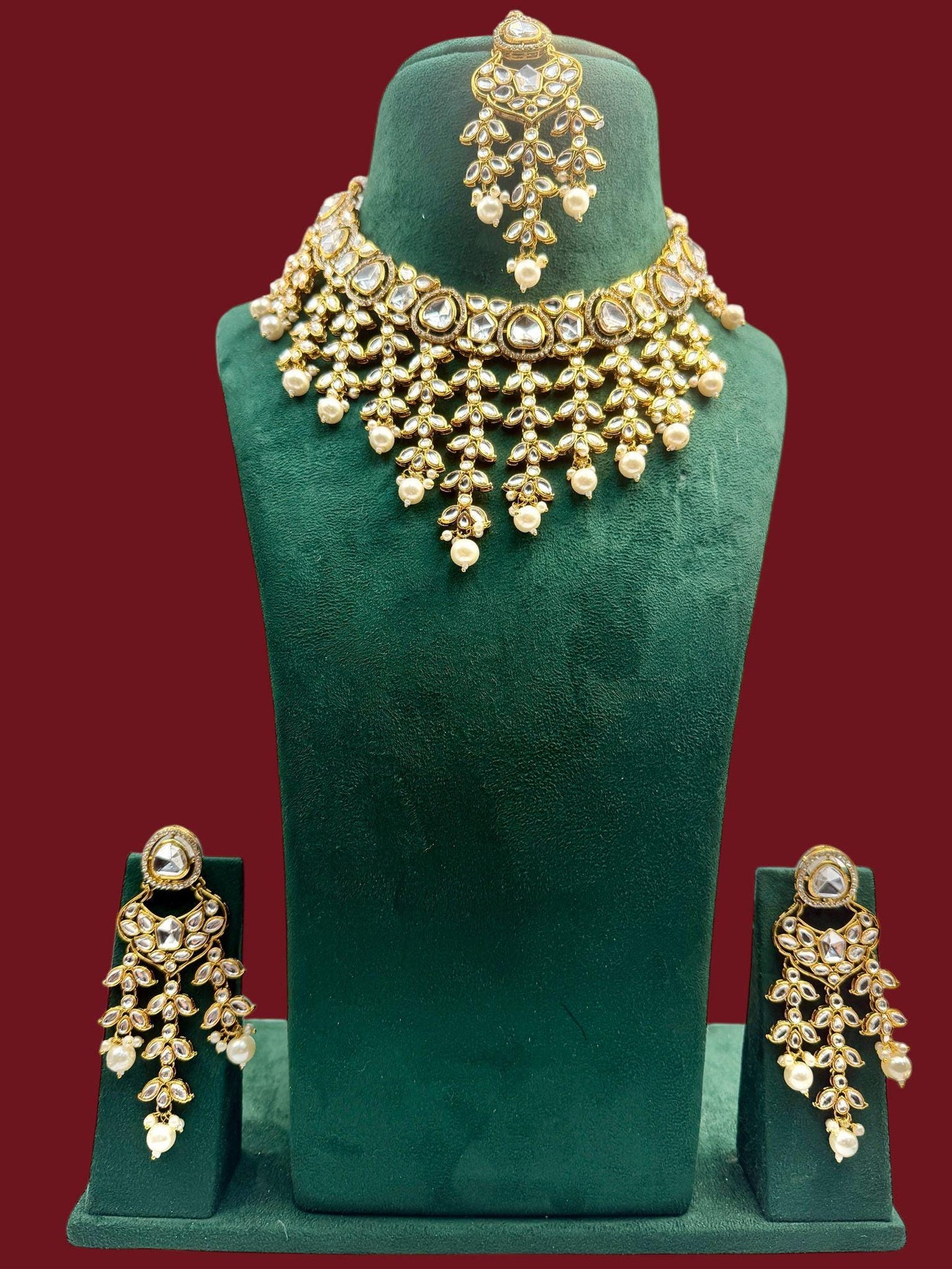 Kundan Necklace Set with Pearls | Indian Wedding Jewelry | Gold plated Choker with Earrings & Maang Tikka | Traditional Polki Jewelry