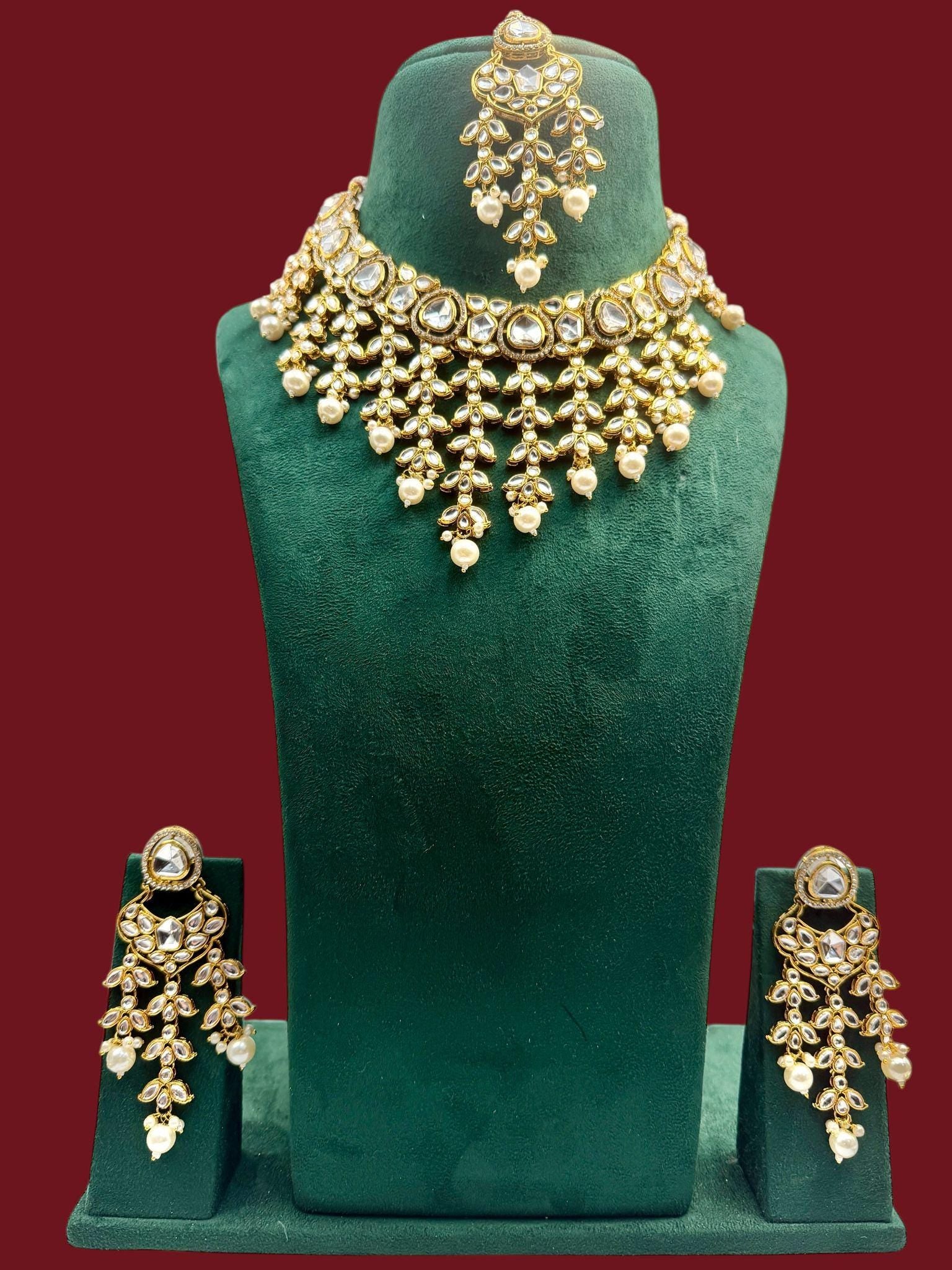 Kundan Necklace Set with Pearls | Indian Wedding Jewelry | Gold plated Choker with Earrings & Maang Tikka | Traditional Polki Jewelry