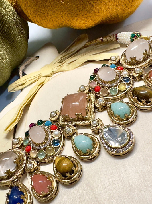 Kundan Necklace Set – Multicolor Stone & Pearl Indian Jewelry